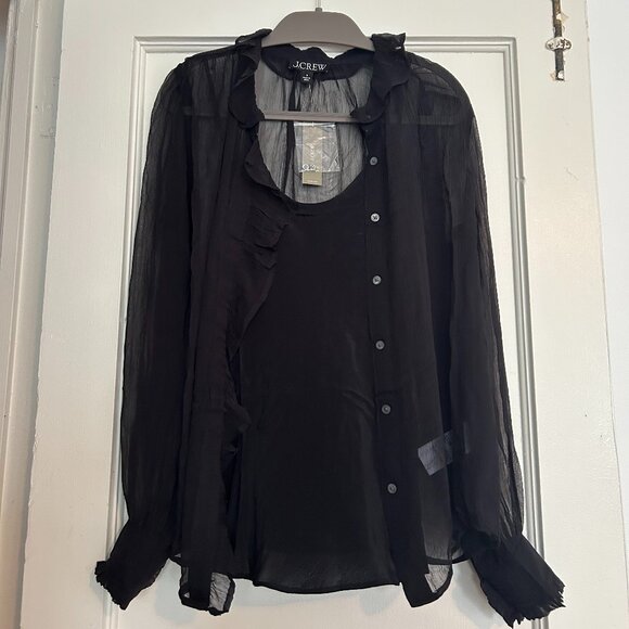 J. Crew Black Ruffle button-up shirt in crinkle chiffon - Size 0 - NWT - Picture 9 of 13